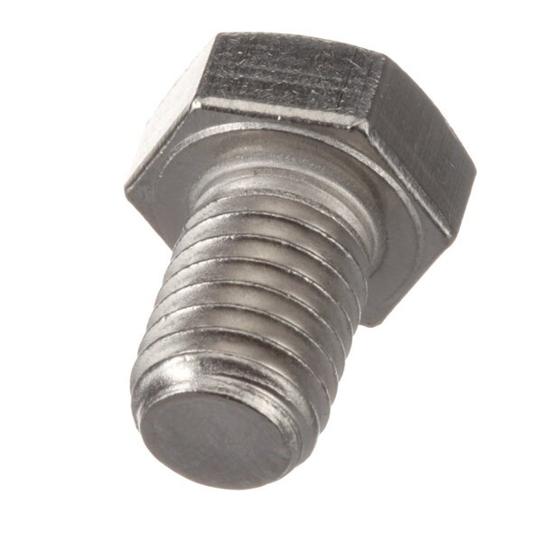 A close-up of a Groen screw with a nut on it.