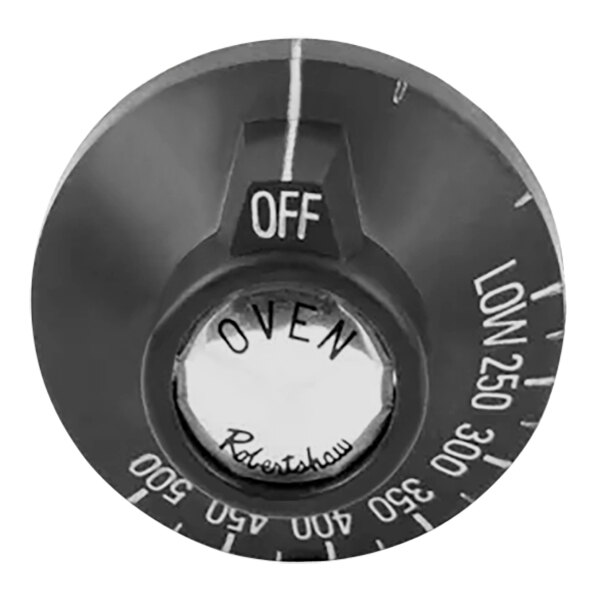 A black round Vulcan oven thermostat knob with white text reading "off" and "250-500" inside a white circle.