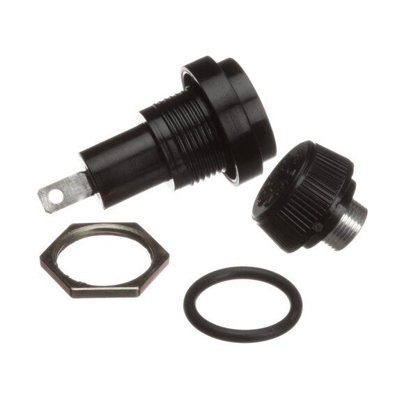A black plastic and metal Blodgett fuse holder cap with a nut and washer.