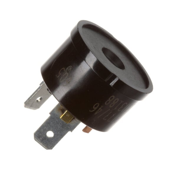 A black round electrical switch with a metal pin.