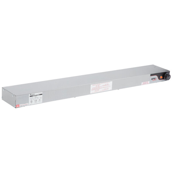 A rectangular metal shelf with a long metal strip and red knobs.