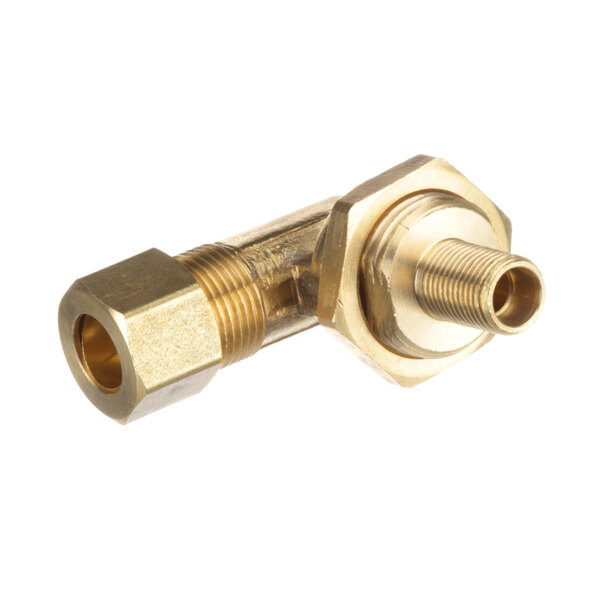 A brass threaded pipe fitting with a nut on a white background.