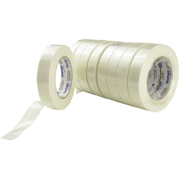 A roll of Shurtape white fiberglass reinforced strapping tape with a white label.