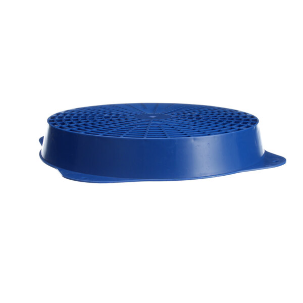A blue plastic fan guard with a grid on top.