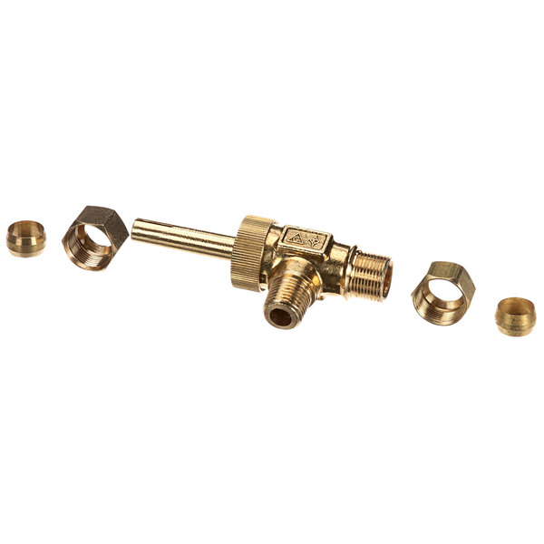 A close-up of a brass US Range Hi-Low adjustable valve with two brass nuts.