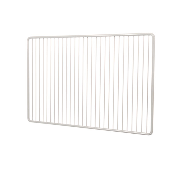 A white metal wire shelf with bars.