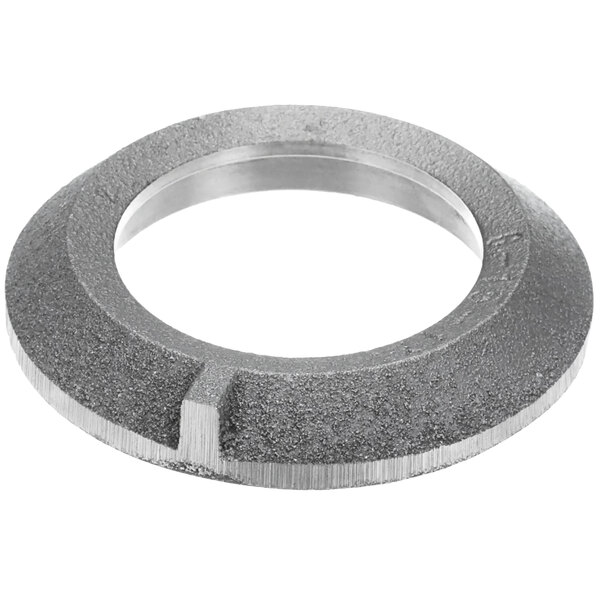 A stainless steel Varimixer fork ring with a hole in it.