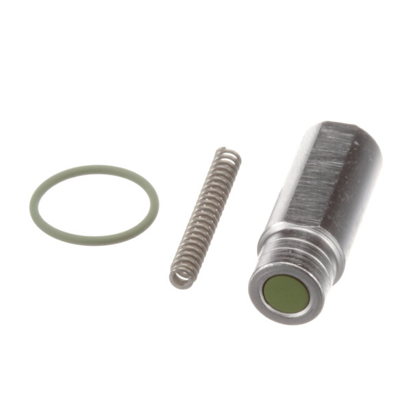 A metal cylinder with a spring and a green gasket.