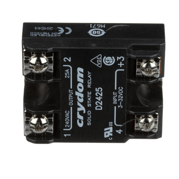 A black Dinex solid state relay with silver screws and two switches.