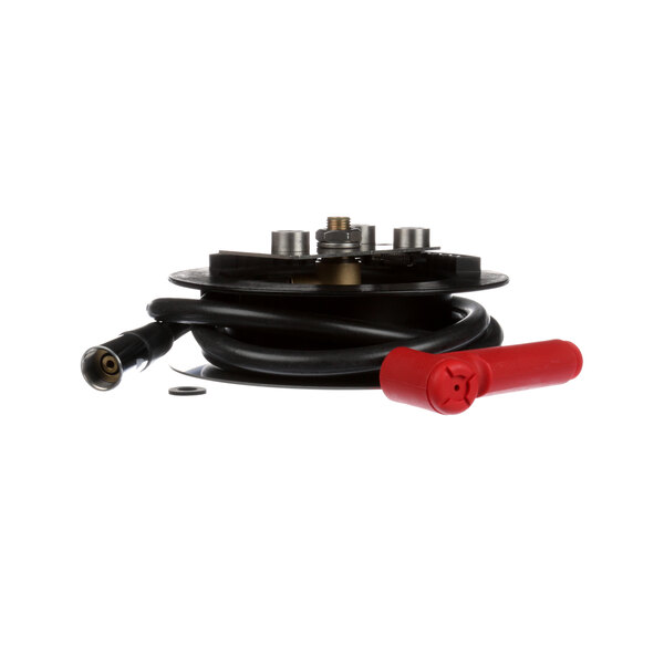 A black cable with a red handle and a red plug on a black and red spray nozzle assembly.