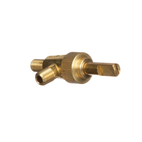 A close-up of a Groen brass gas valve with a gold metal screw.
