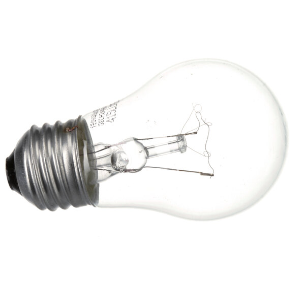 A close-up of a Baxter light bulb with a filament on a white background.
