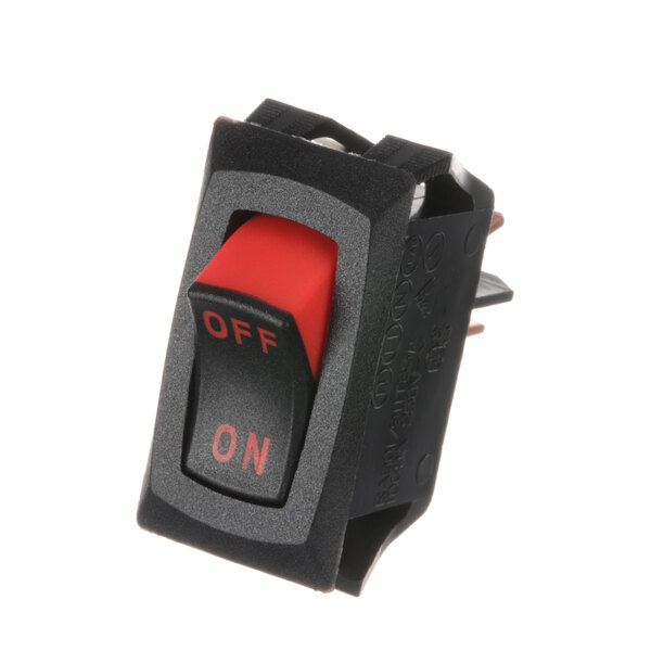 A black Vollrath rocker switch with a red button.