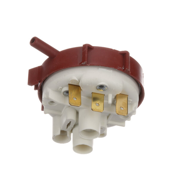 A close-up of a Fagor commercial pressure switch with round red and white casing and gold metal connectors.