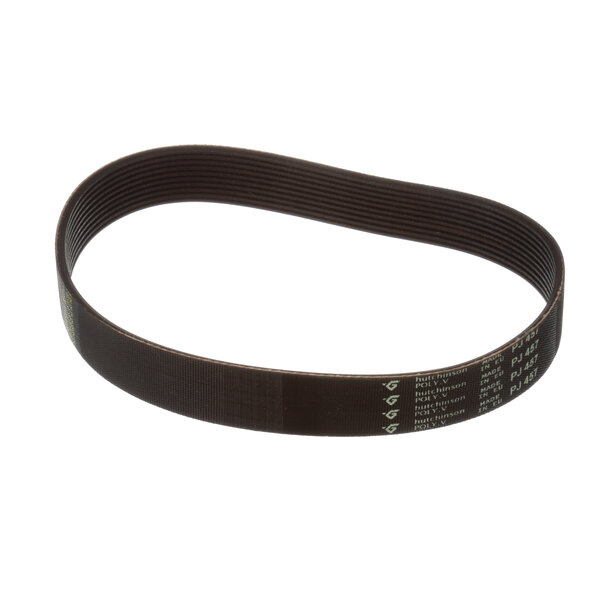 A black ribbed V-belt with white text on it.