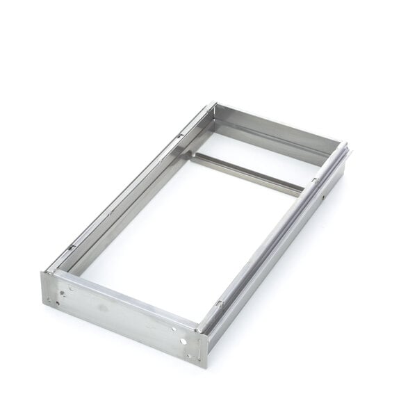A metal frame with a rectangular metal tray inside.