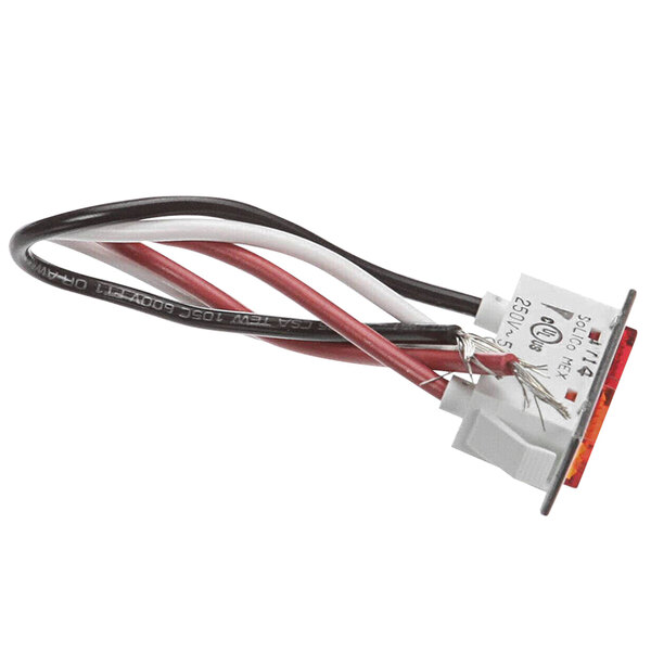 A white electrical cord with a red indicator light.