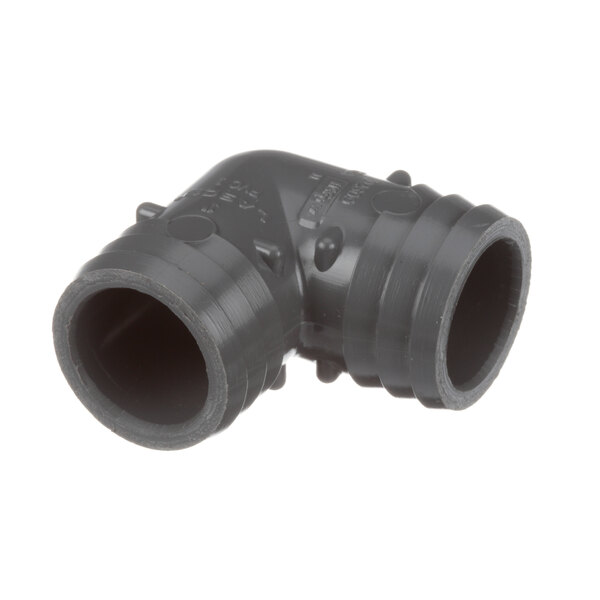 A black plastic Glastender elbow pipe fitting.