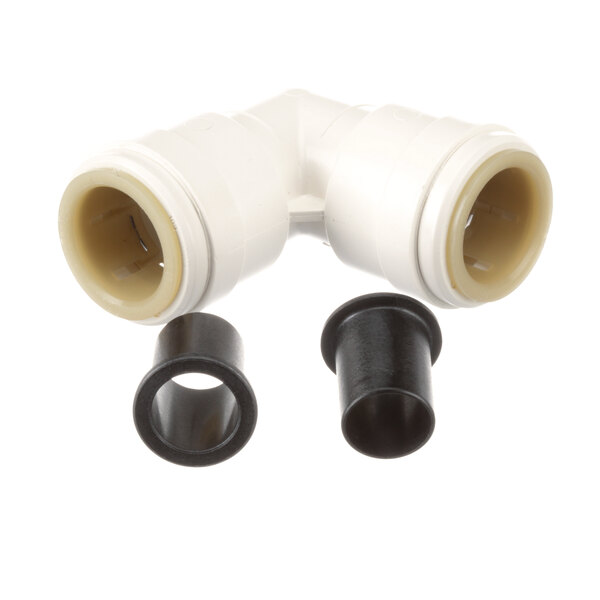 A white plastic pipe with black plastic inserts.