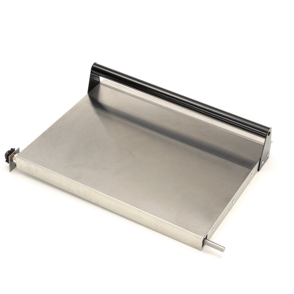 A stainless steel metal plate with a black handle.