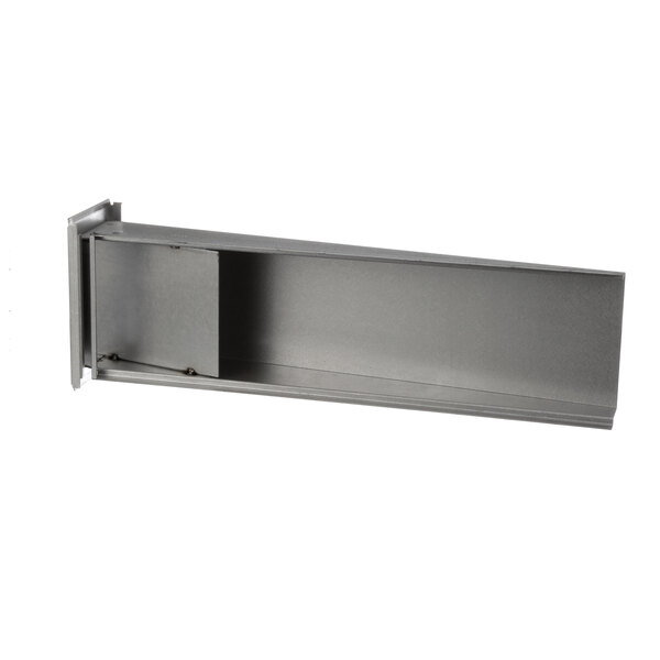 A metal box with a black rectangular metal shelf and a metal handle on it.