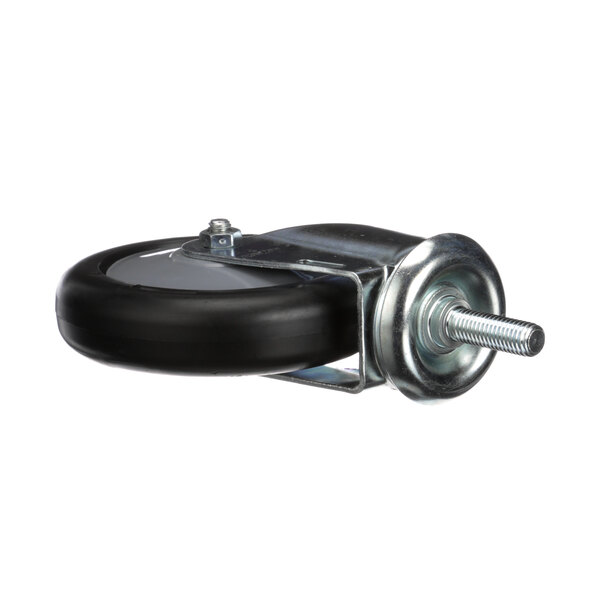 A black and silver Cleveland caster wheel with a metal base.