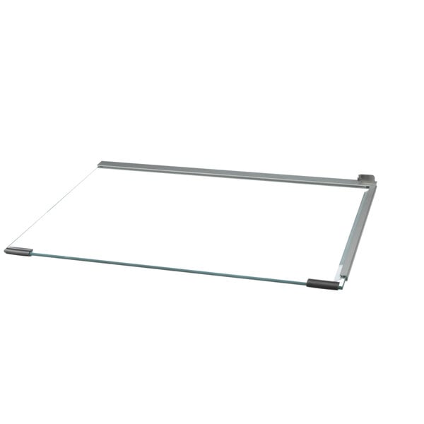 A rectangular glass frame with metal corners.
