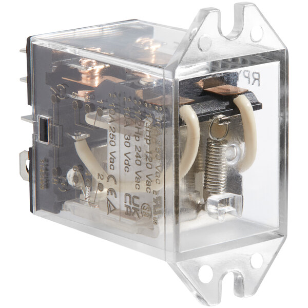 A clear plastic box with wires and a black and silver metal case containing an Accutemp AT0E-2825-6 relay.