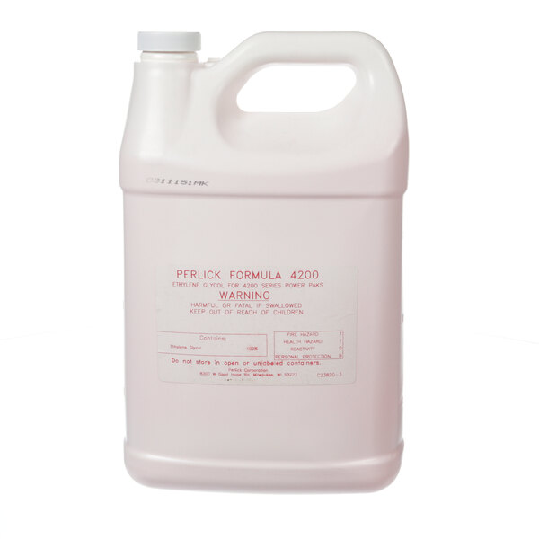 A white plastic Perlick Coolant gallon container with a label and handle.