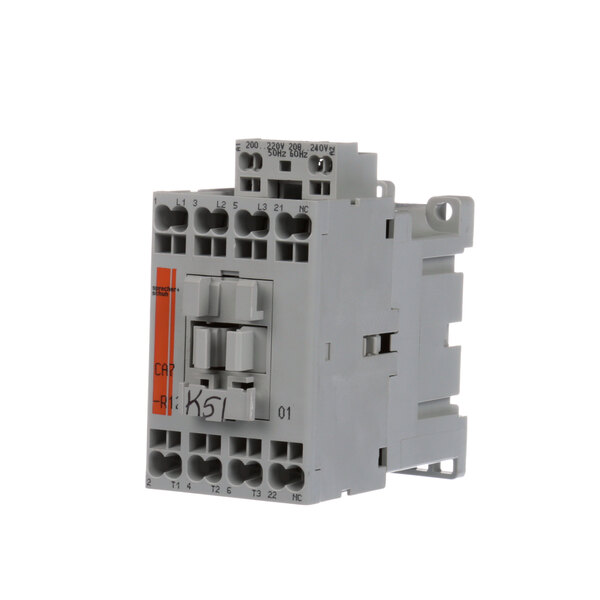 A close-up of a grey Alto-Shaam contactor with an orange label.