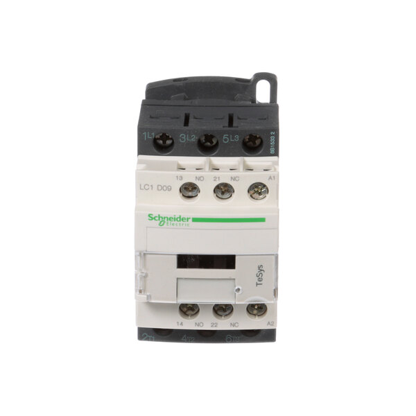 A close-up of a Doyon Baking Equipment ELC912 contactor, a white and black electrical device with three green buttons.