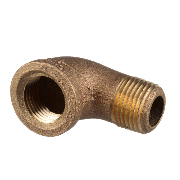 A gold-colored Cleveland 90 degree elbow pipe fitting.
