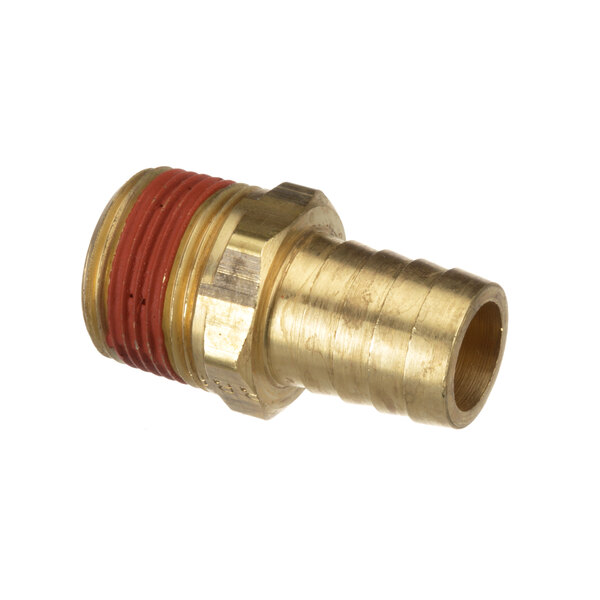 A close-up of a brass Cleveland hose barb fitting with a red rubber hose attached.