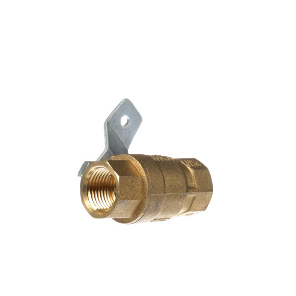 A close-up of a Cleveland brass ball valve fitting with metal handle.