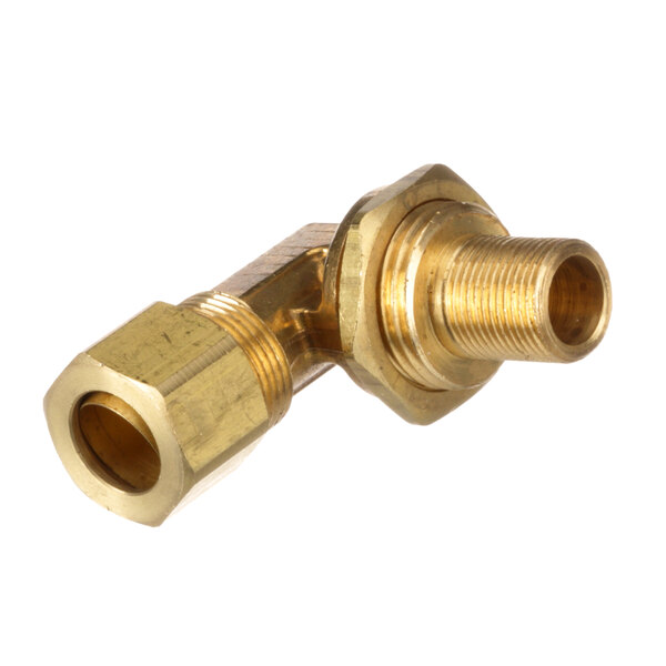 A brass threaded elbow fitting for a US Range oven.