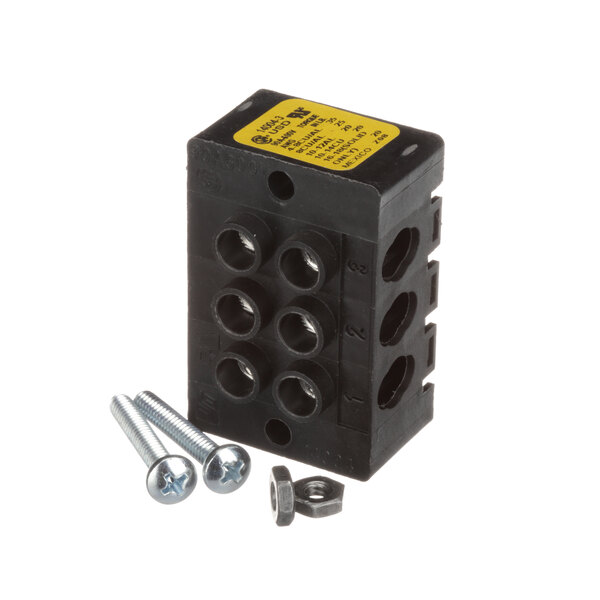 A black electrical terminal block with screws and nuts.
