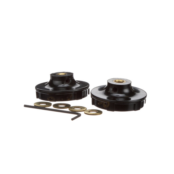 Two black rubber Prince Castle knobs with metal screws and nuts.
