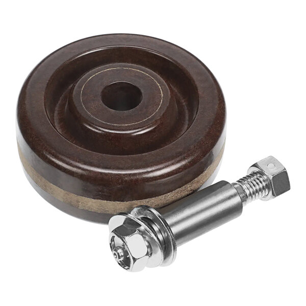 A round brown Baxter wheel with a nut and bolt.