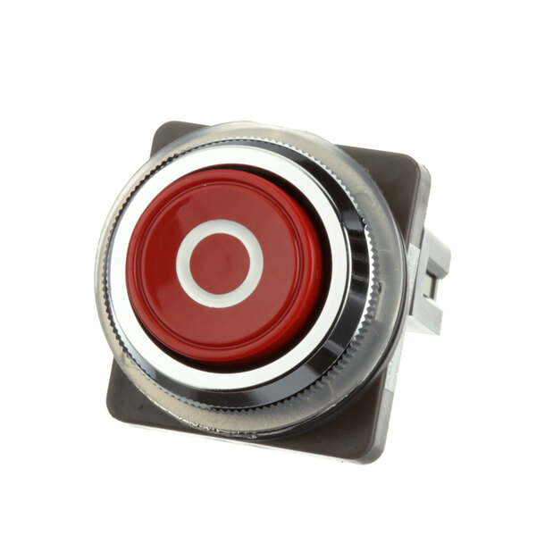 A close-up of a red and silver Biro stop switch button.