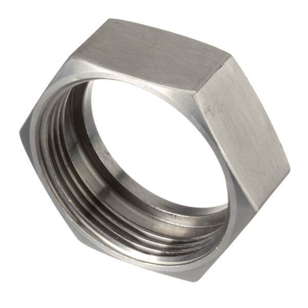 A close-up of a stainless steel Legion hex nut with a hexagonal shape.