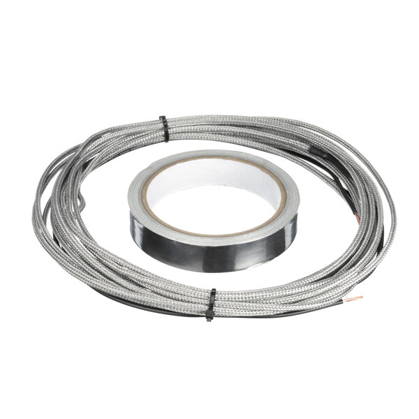 A roll of silver wire with a white background.