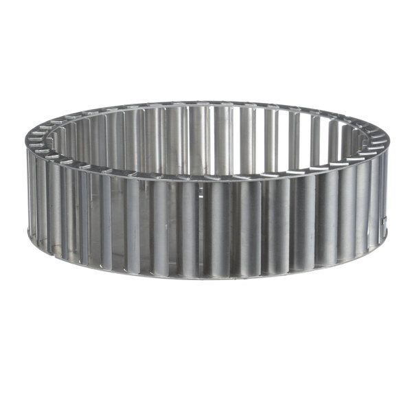 A metal cylindrical fan with a flat surface on one end.