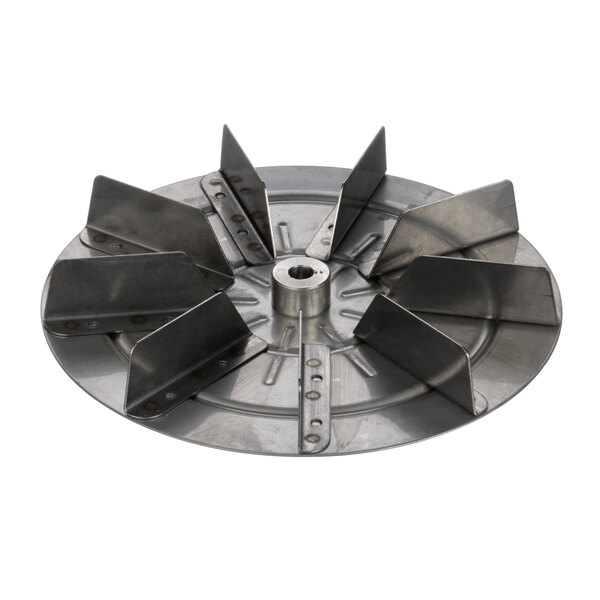 A Moffat M232903 metal circular blower wheel with metal fan blades.