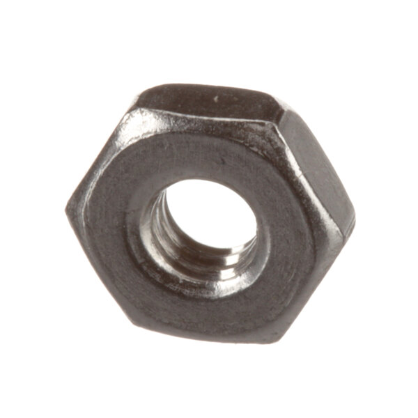 A close-up of a black hexagon nut.