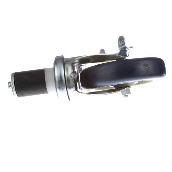 A Groen caster with a black and white rubber wheel and metal handle.