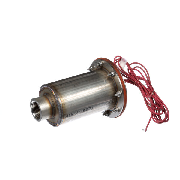 A metal cylinder with a metal float inside and wires attached.