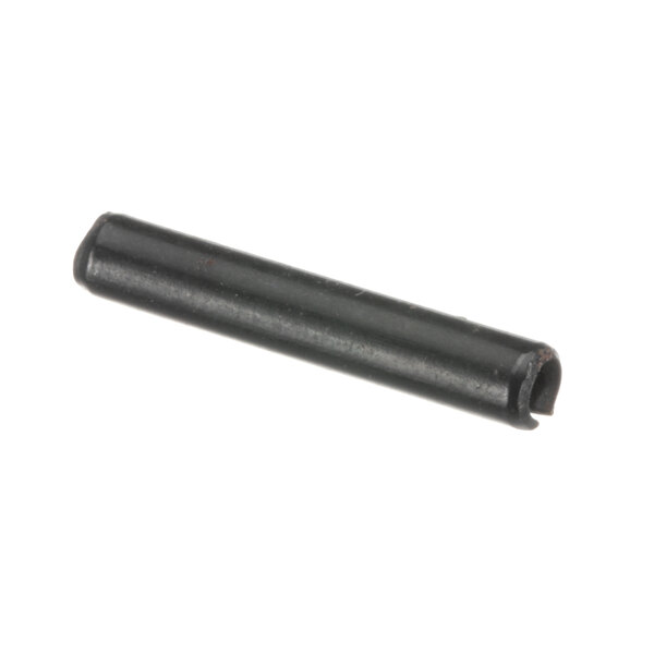 A close-up of a black metal roll pin.