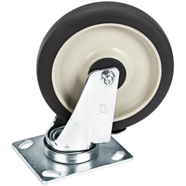 A close-up of a black and white Victory swivel caster wheel.