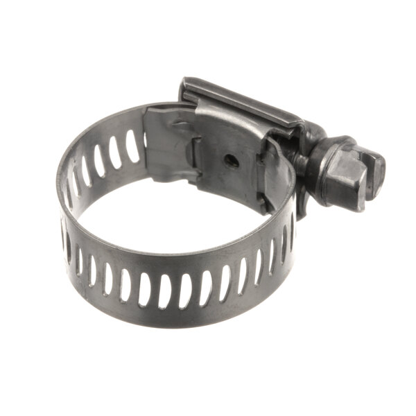 A Henny Penny metal hose clamp with holes.
