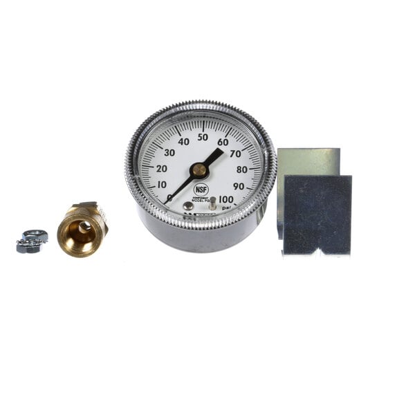 A Stero pressure gauge with brass nuts on a white background.